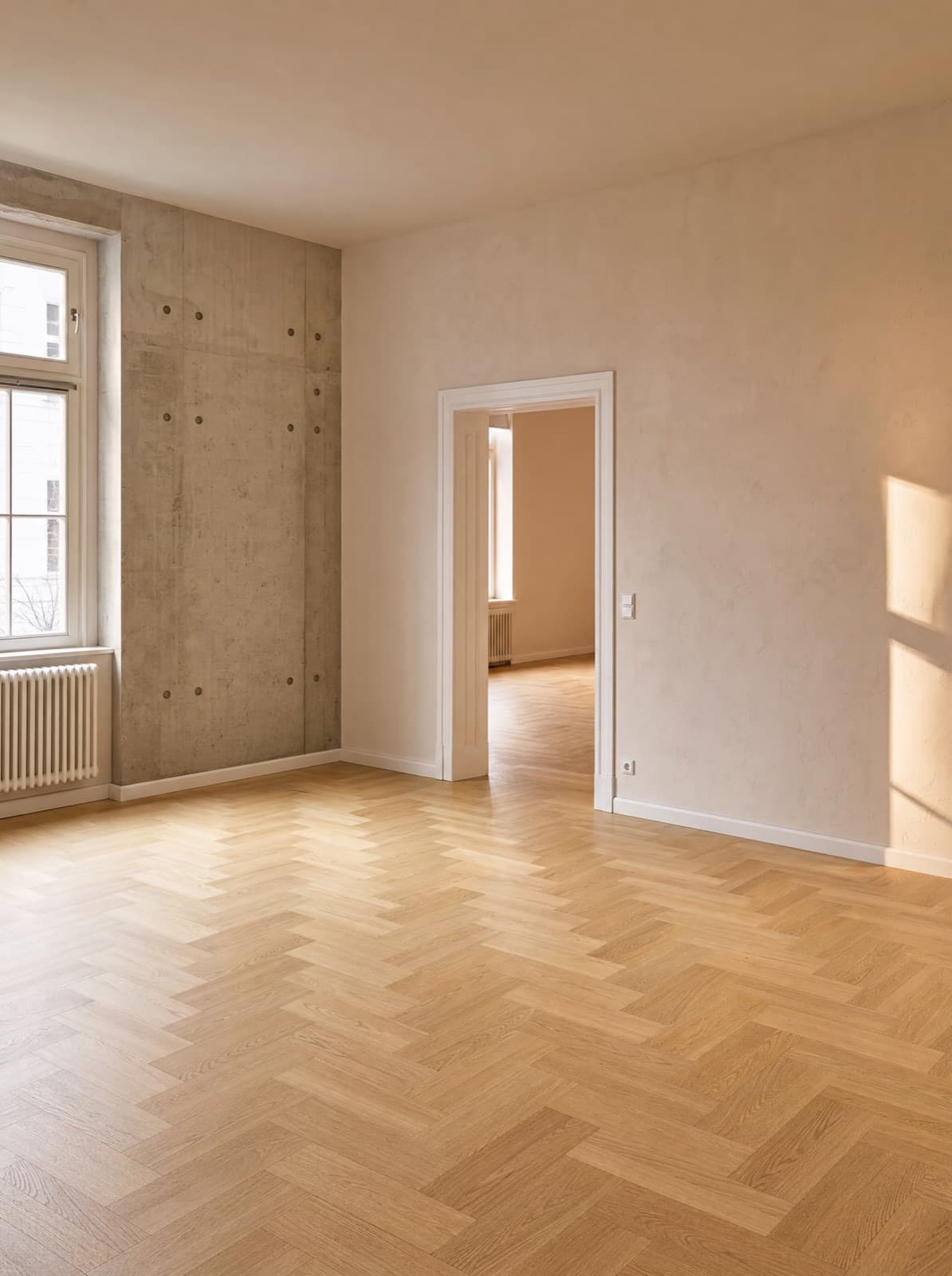 Modern minimalistischer Innenraum mit Sichtbeton, Tageslicht und Eichenholzboden